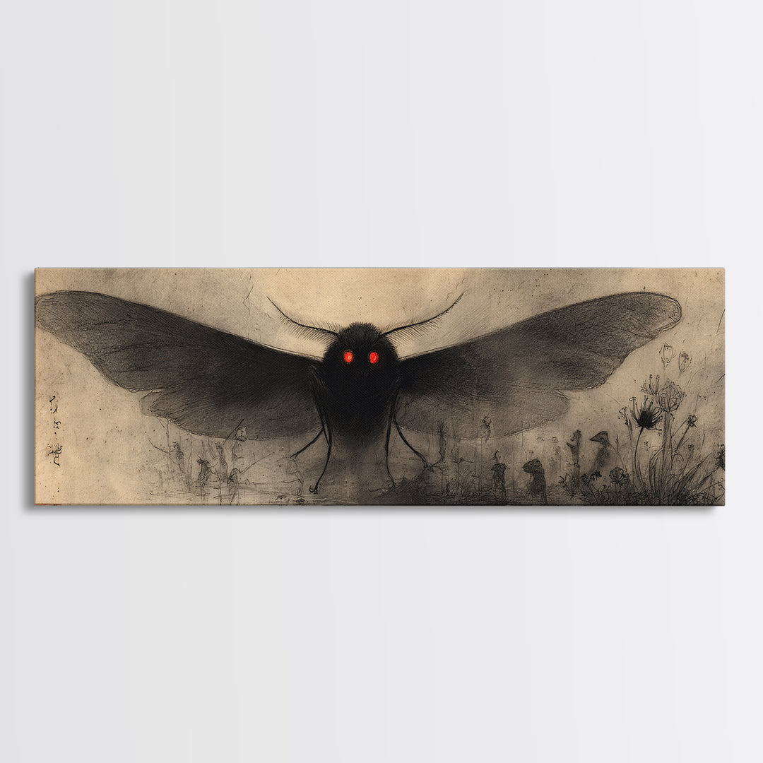 The Red-Eyed Moth Creature, Symbolist Dream Art, Extra Wide Wall Art, Gothic Horror Wall Art, Framed Canvas Print, Halloween Wall Art