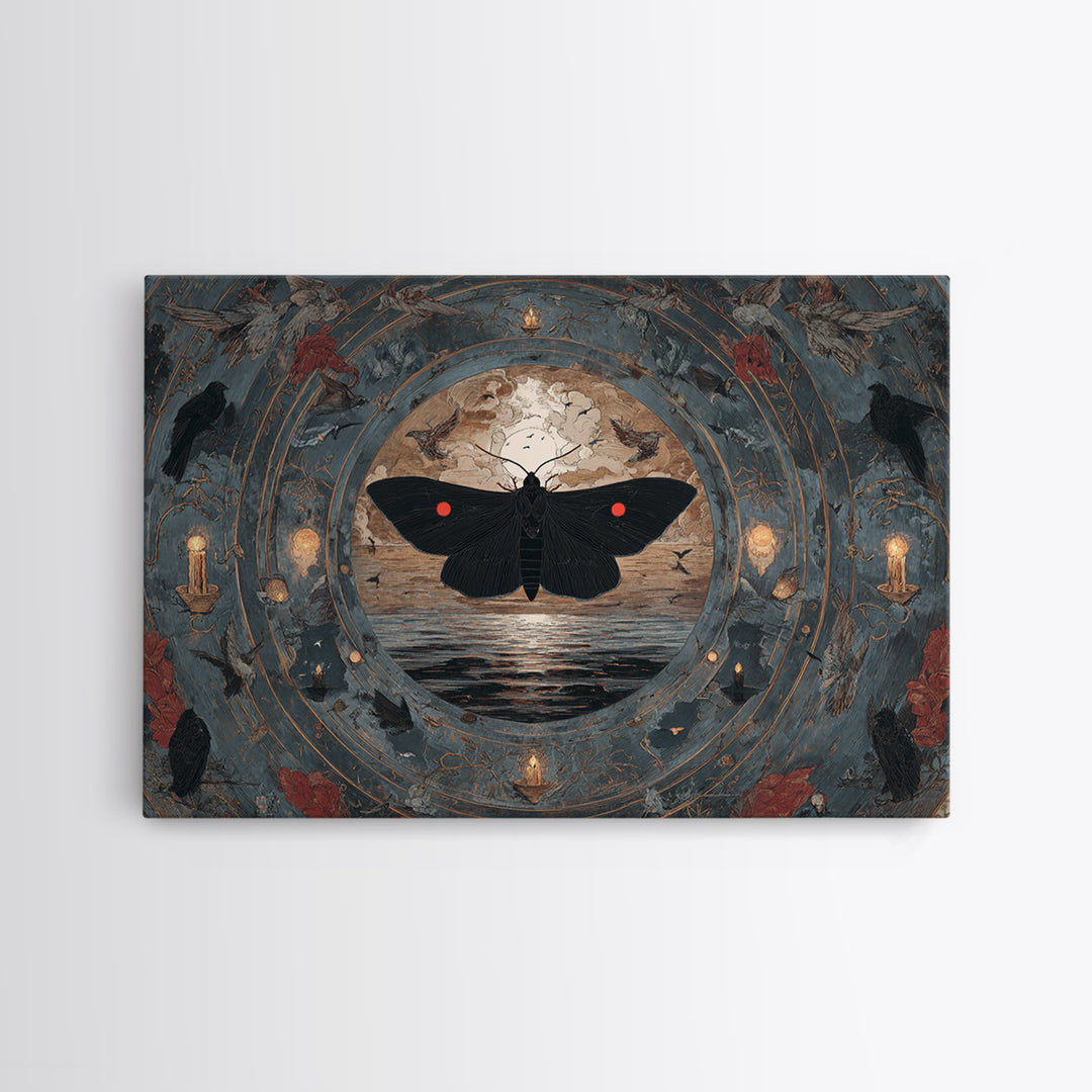 The Red-Eyed Moth Creature, Symbolist Gothic Landscape, Landscape Wall Art, Dark Halloween Decor, Framed Canvas Print, Halloween Wall Art