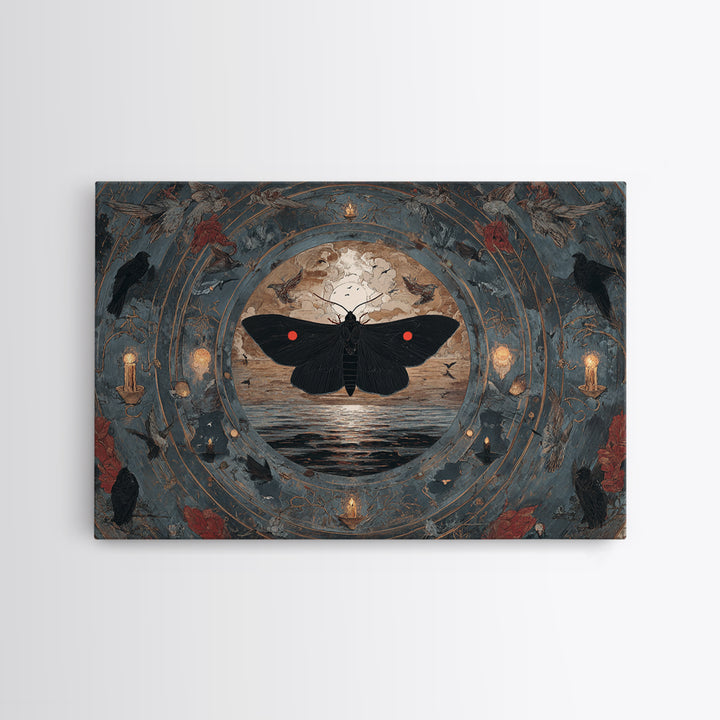 The Red-Eyed Moth Creature, Symbolist Gothic Landscape, Landscape Wall Art, Dark Halloween Decor, Framed Canvas Print, Halloween Wall Art