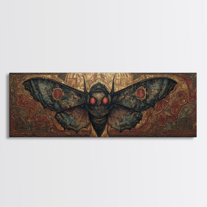 The Red-Eyed Moth Creature, Ornate Symbolist Art, Extra Wide Wall Art, Gothic Horror Wall Art, Canvas Print, Halloween Wall Art