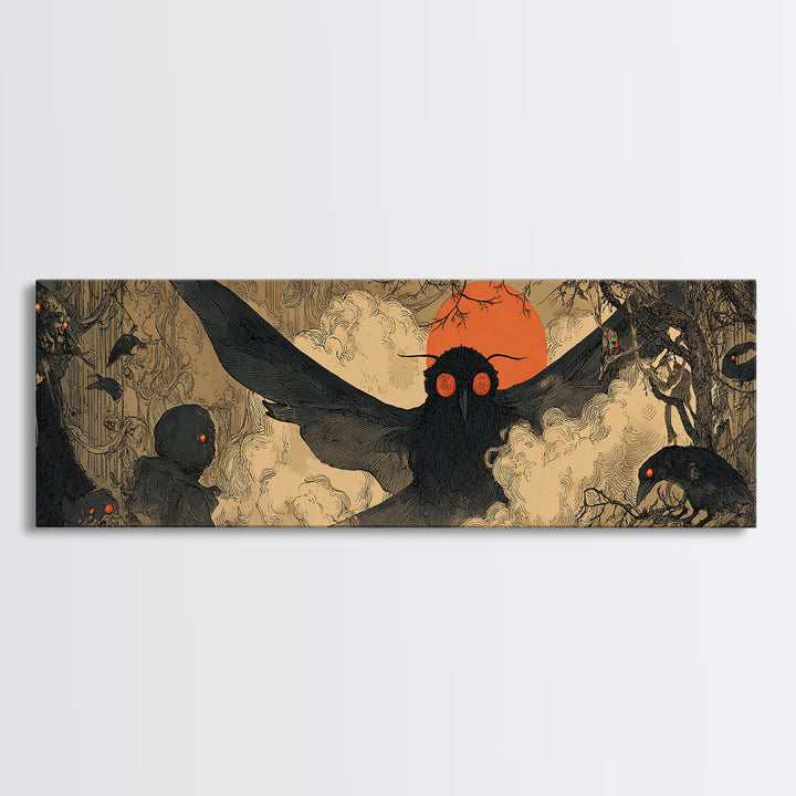 The Red-Eyed Moth Creature, Decadent Gothic Art, Extra Wide Wall Art, Dark Halloween Decor, Canvas Print, Halloween Wall Art
