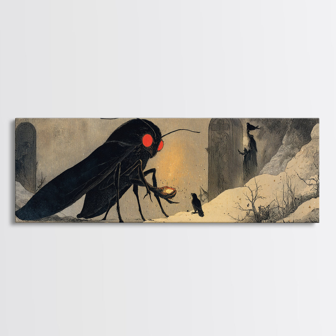 The Red-Eyed Moth Creature, Symbolist Death Art, Extra Wide Wall Art, Dark Fantasy Wall Art, Canvas Print, Halloween Wall Art