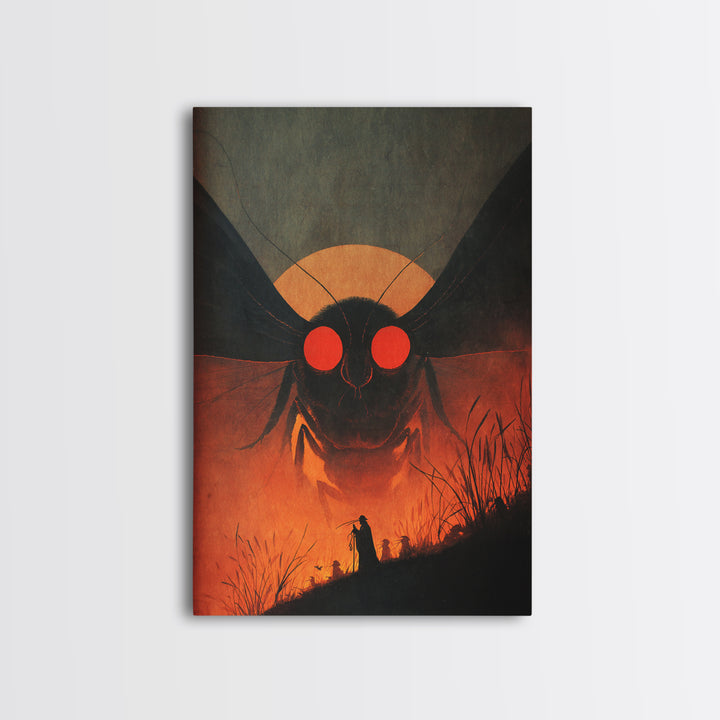The Red-Eyed Moth Creature, Symbolist Etching Art, Vertical Wall Art, Dark Halloween Decor, Framed Canvas Print, Halloween Wall Art