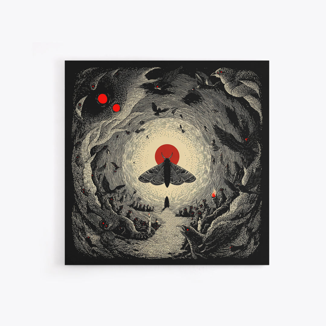 The Red-Eyed Moth Creature, Expressionist Nightmare Art, Square Wall Art, Dark Fantasy Wall Art, Canvas Print, Halloween Wall Art