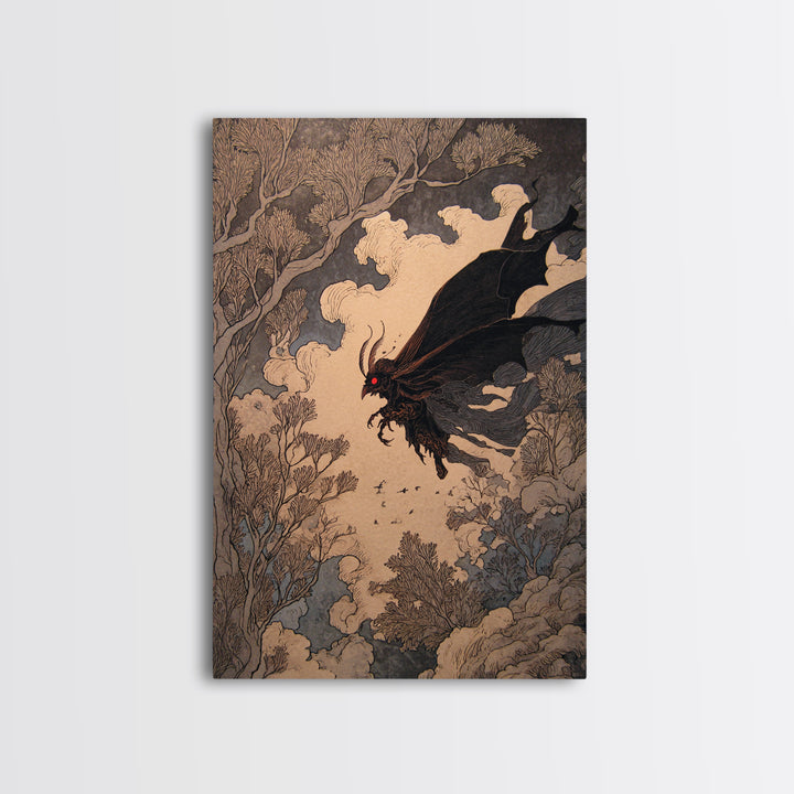 The Red-Eyed Moth Creature, Gothic Storybook Art, Vertical Wall Art, Macabre Wall Art, Canvas Print, Halloween Wall Art