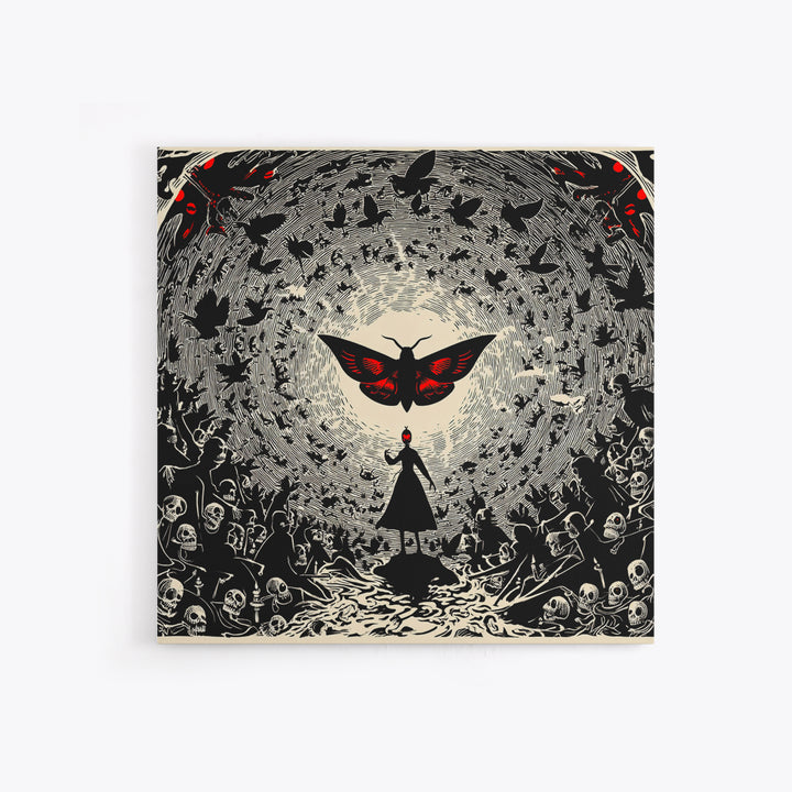 The Red-Eyed Moth Creature, Macabre Folk Print Art, Square Wall Art, Dark Halloween Decor, Canvas Print, Halloween Wall Art