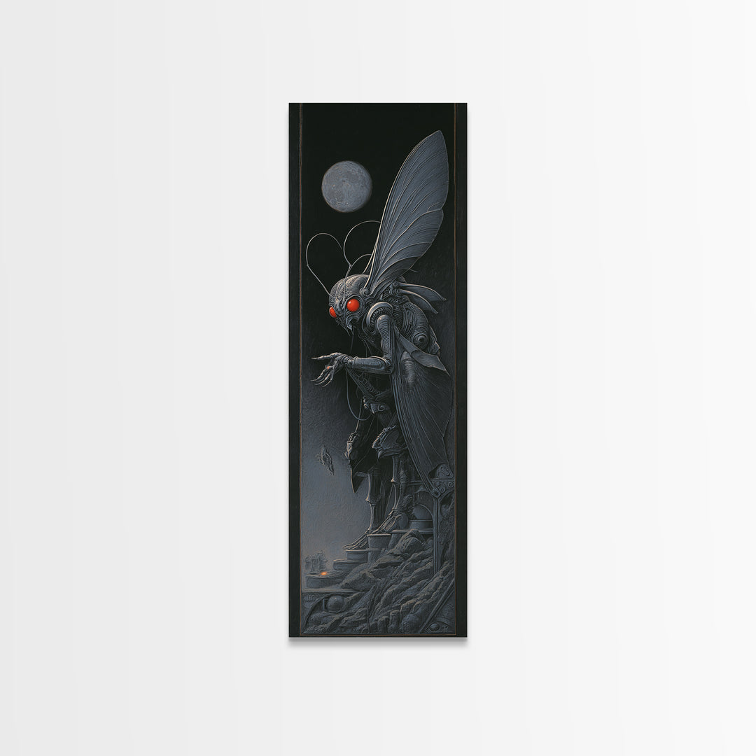 The Red-Eyed Moth Creature, Biomechanical Horror Art, Tall Narrow Wall Art, Macabre Wall Art, Canvas Print, Halloween Wall Art