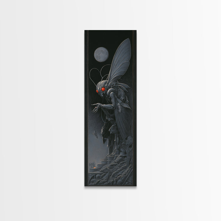 The Red-Eyed Moth Creature, Biomechanical Horror Art, Tall Narrow Wall Art, Macabre Wall Art, Canvas Print, Halloween Wall Art
