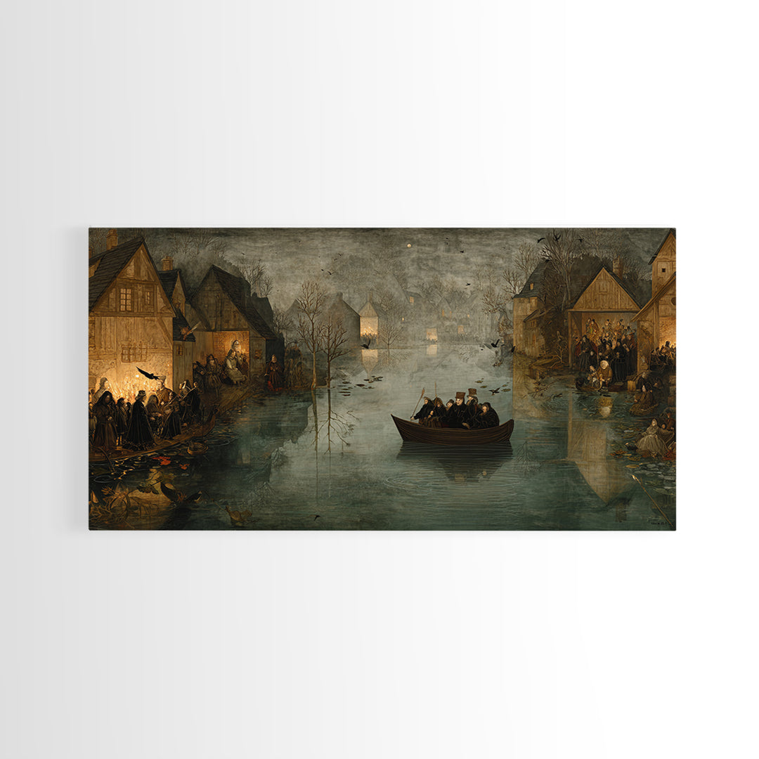 The Lake Phantom, Northern Renaissance Horror, Wide Panoramic Art, Dark Fantasy Wall Art, Framed Canvas Print, Halloween Wall Art
