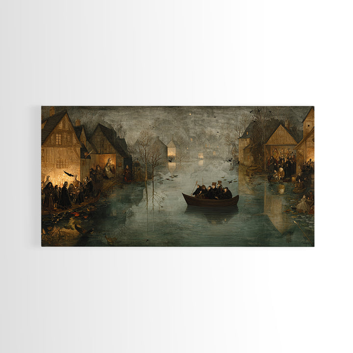 The Lake Phantom, Northern Renaissance Horror, Wide Panoramic Art, Dark Fantasy Wall Art, Framed Canvas Print, Halloween Wall Art