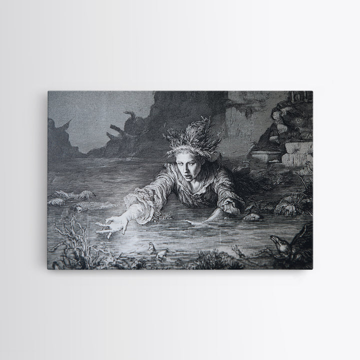 The Lake Phantom, Renaissance Engraving Art, Landscape Wall Art, Macabre Wall Art, Canvas Print, Halloween Wall Art, Halloween Decor
