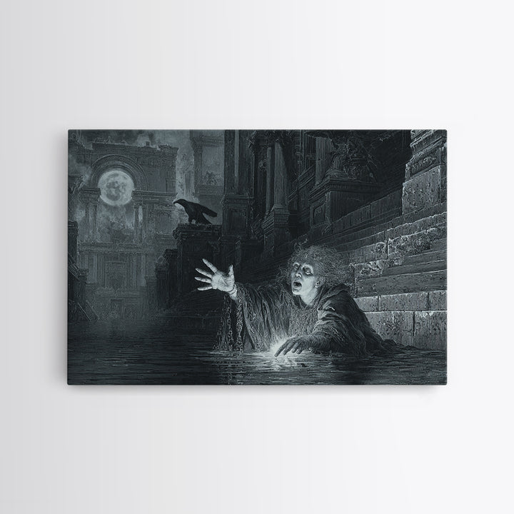 The Lake Phantom, Architectural Etching Art, Landscape Wall Art, Dark Fantasy Wall Art, Canvas Print, Halloween Wall Art