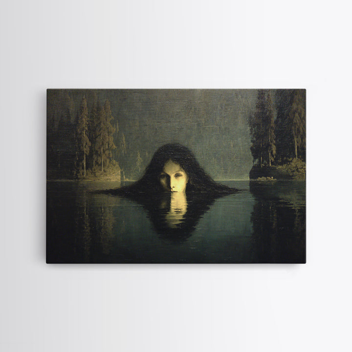 The Lake Phantom, Symbolist Gothic Landscape, Landscape Wall Art, Dark Halloween Decor, Framed Canvas Print, Halloween Wall Art