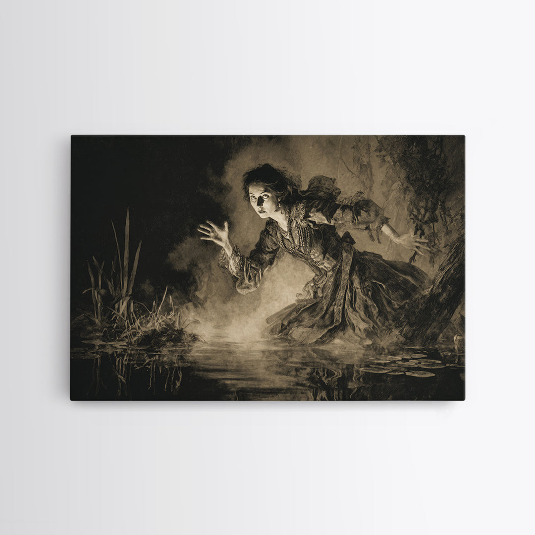 The Lake Phantom, Decadent Gothic Art, Landscape Wall Art, Dark Halloween Decor, Framed Canvas Print, Halloween Wall Art