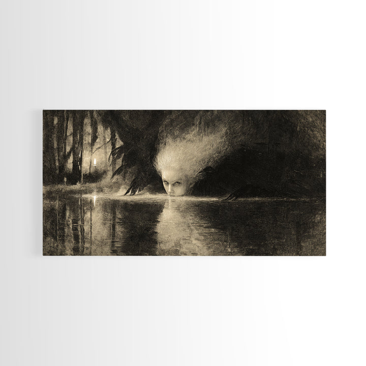 The Lake Phantom, Expressionist Nightmare Art, Wide Panoramic Art, Macabre Wall Art, Canvas Print, Halloween Wall Art, Halloween Decor