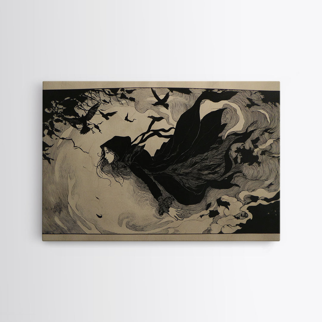 The Lake Phantom, Decadent Line Art, Landscape Wall Art, Dark Halloween Decor, Framed Canvas Print, Halloween Wall Art