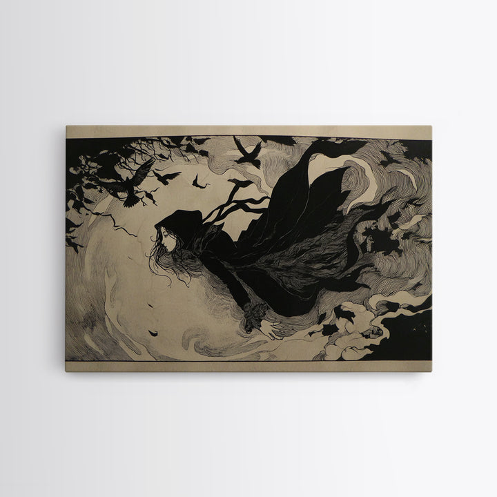 The Lake Phantom, Decadent Line Art, Landscape Wall Art, Dark Halloween Decor, Framed Canvas Print, Halloween Wall Art