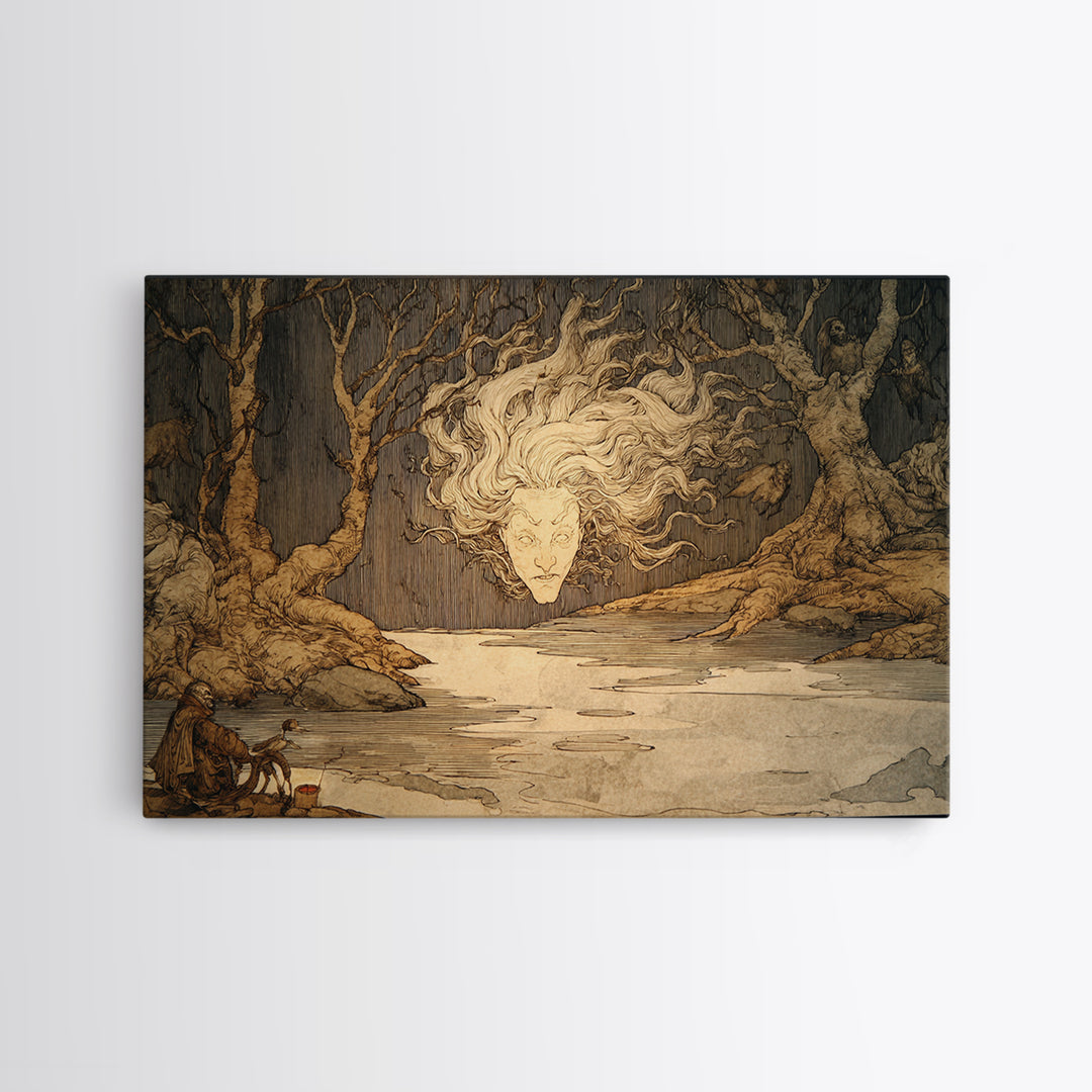 The Lake Phantom, Gothic Storybook Art, Landscape Wall Art, Dark Halloween Decor, Framed Canvas Print, Halloween Wall Art