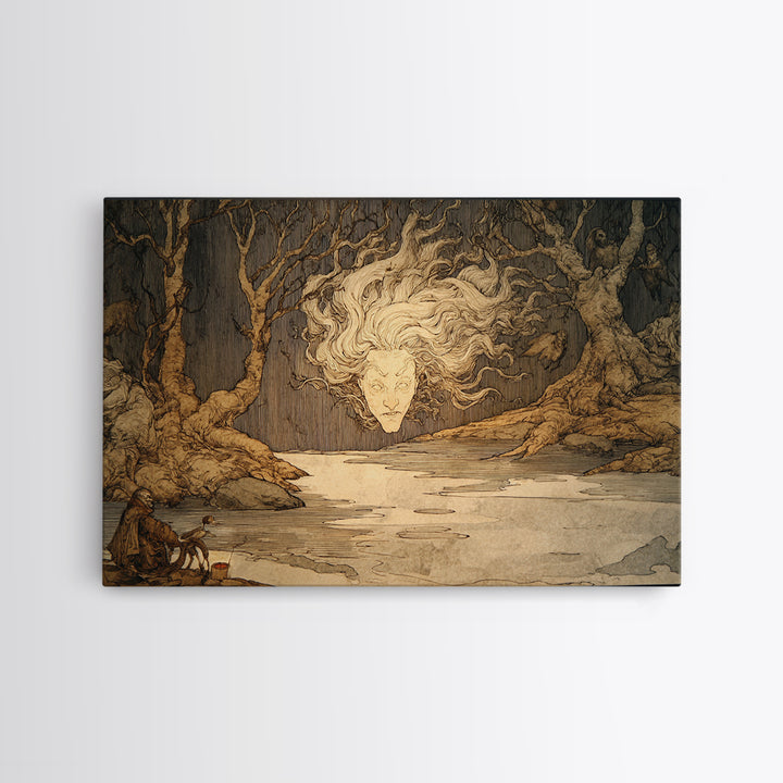 The Lake Phantom, Gothic Storybook Art, Landscape Wall Art, Dark Halloween Decor, Framed Canvas Print, Halloween Wall Art
