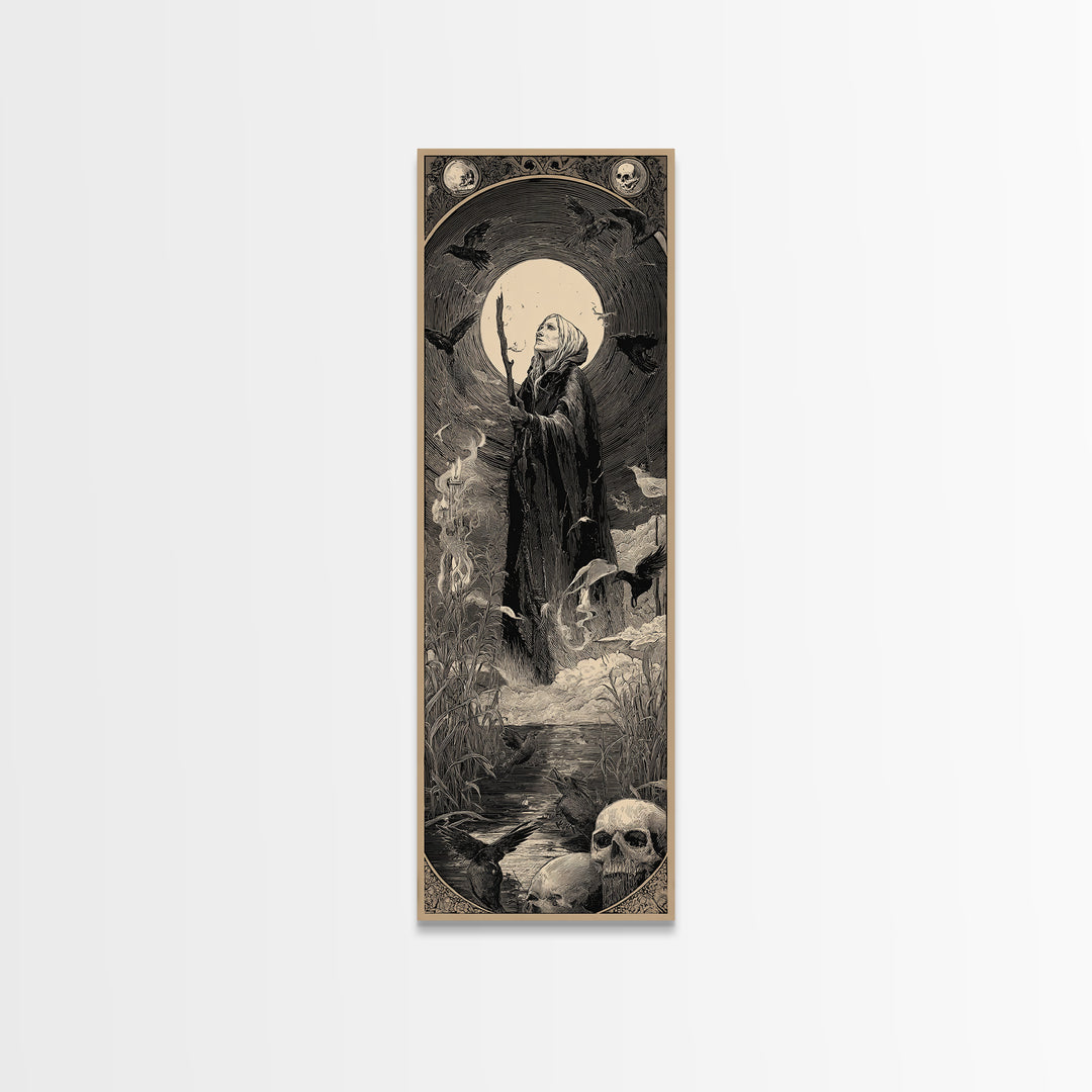 The Salt-Marsh Witch, Gothic Engraving Art, Tall Narrow Wall Art, Dark Halloween Decor, Canvas Print, Halloween Wall Art