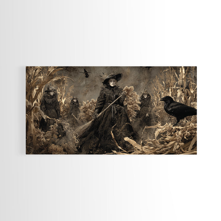 The Salt-Marsh Witch, Northern Renaissance Horror, Wide Panoramic Art, Macabre Wall Art, Framed Canvas Print, Halloween Wall Art