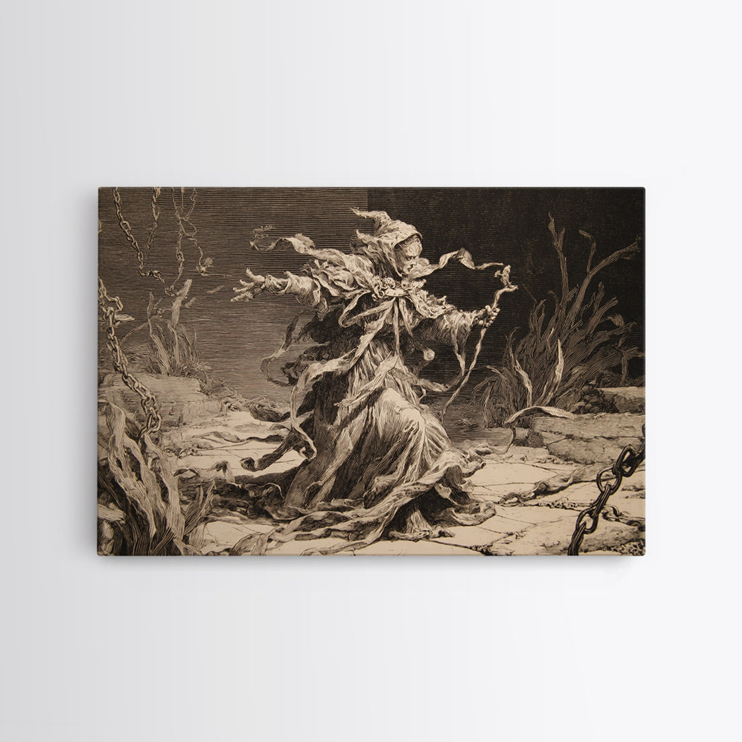 The Salt-Marsh Witch, Architectural Etching Art, Landscape Wall Art, Gothic Horror Wall Art, Framed Canvas Print