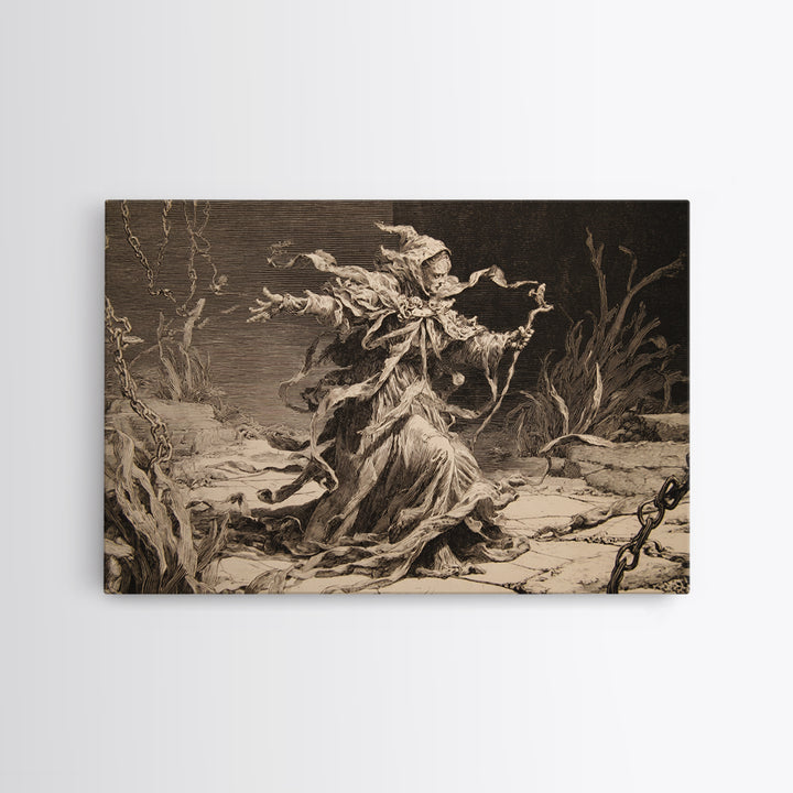 The Salt-Marsh Witch, Architectural Etching Art, Landscape Wall Art, Gothic Horror Wall Art, Framed Canvas Print