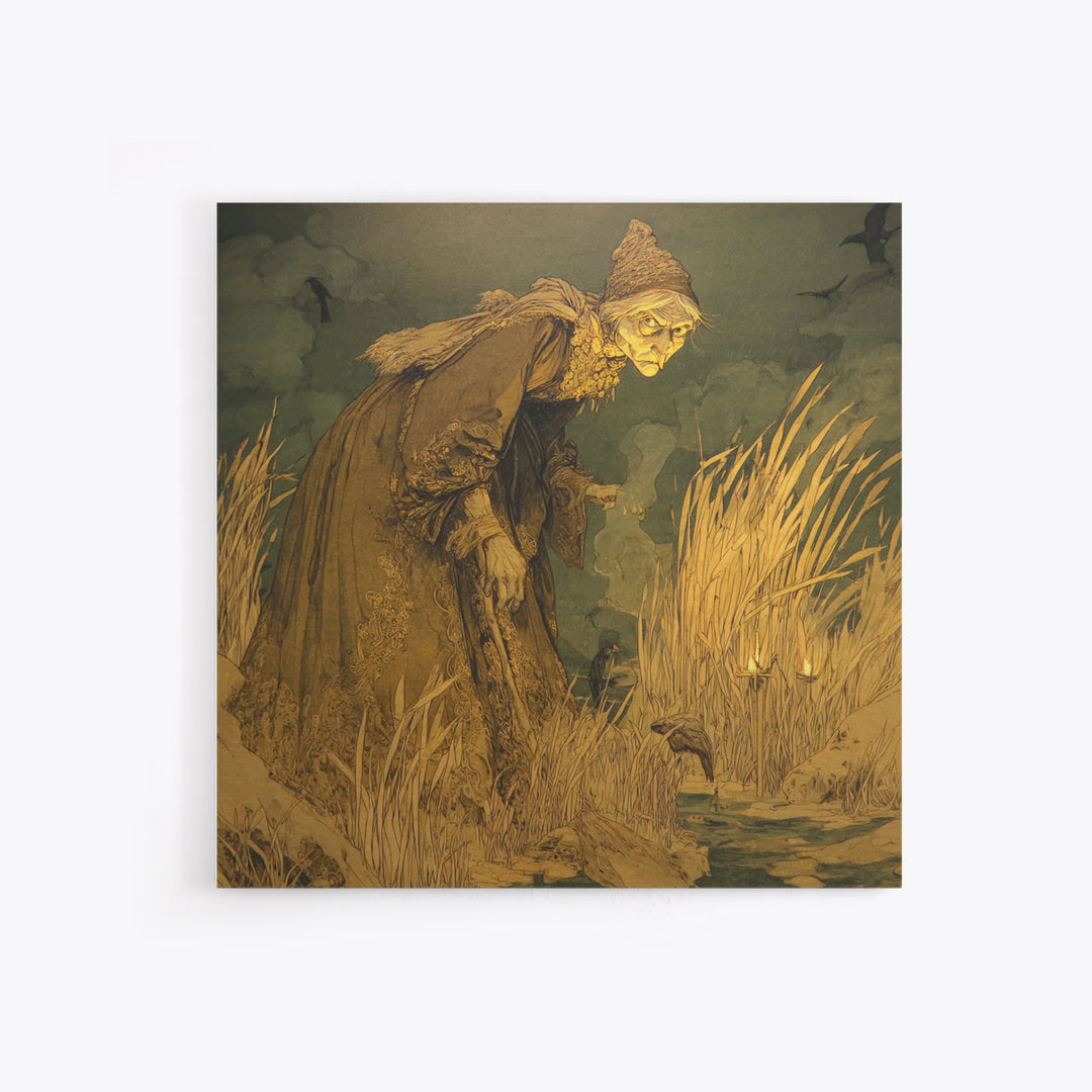 The Salt-Marsh Witch, Symbolist Etching Art, Square Wall Art, Dark Halloween Decor, Framed Canvas Print, Halloween Wall Art
