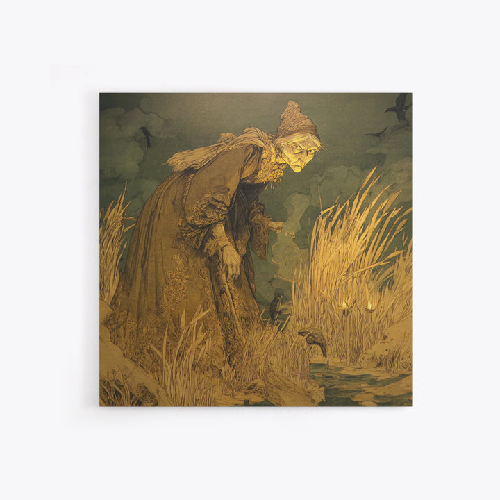 The Salt-Marsh Witch, Symbolist Etching Art, Square Wall Art, Dark Halloween Decor, Framed Canvas Print, Halloween Wall Art