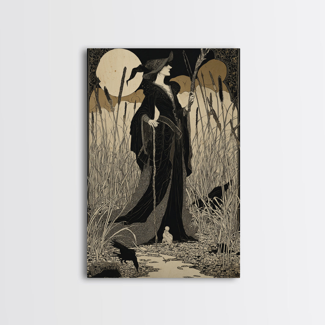 The Salt-Marsh Witch, Decadent Line Art, Vertical Wall Art, Dark Halloween Decor, Framed Canvas Print, Halloween Wall Art
