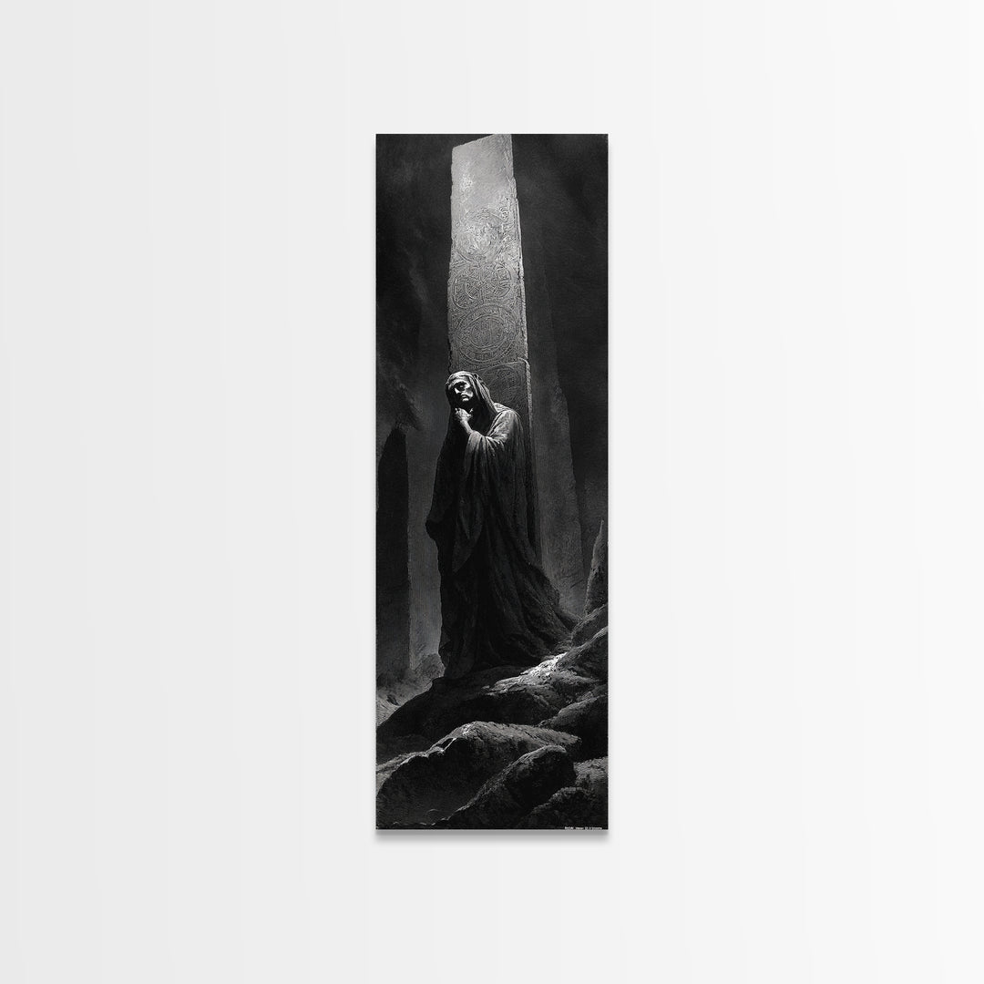 The Stone-Circle Spirit, Gothic Engraving Art, Tall Narrow Wall Art, Macabre Wall Art, Framed Canvas Print, Halloween Wall Art