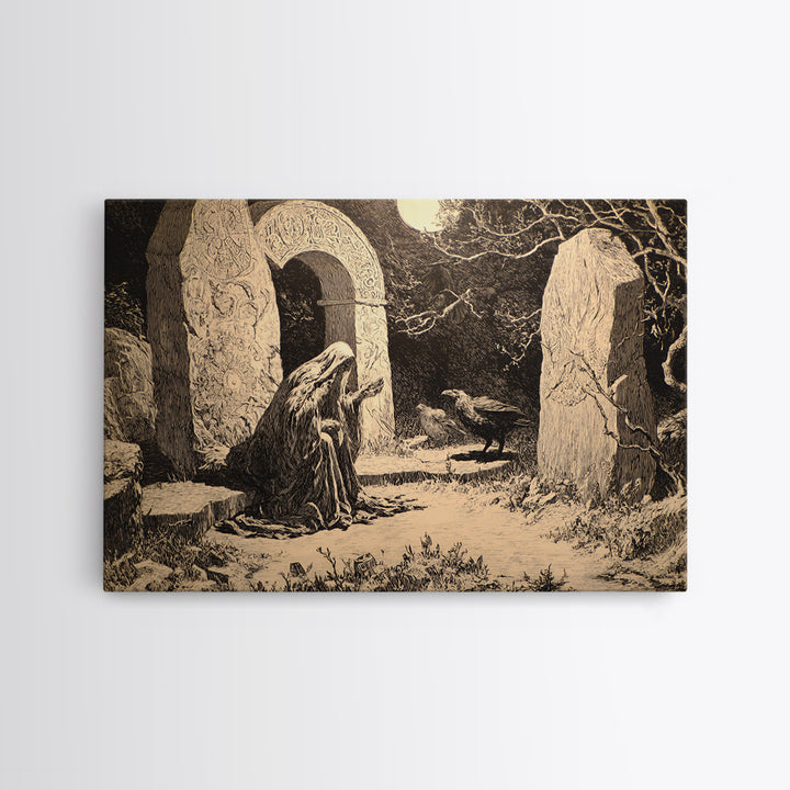 The Stone-Circle Spirit, Symbolist Etching Art, Landscape Wall Art, Macabre Wall Art, Canvas Print, Halloween Wall Art, Gothic Home Decor