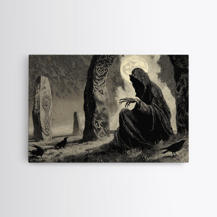 The Stone-Circle Spirit, Expressionist Nightmare Art, Landscape Wall Art, Macabre Wall Art, Framed Canvas Print, Halloween Wall Art
