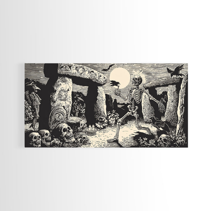 The Stone-Circle Spirit, Macabre Folk Print Art, Wide Panoramic Art, Gothic Horror Wall Art, Framed Canvas Print