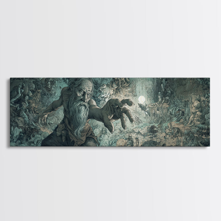 The Cave Oracle, Medieval Grotesque Art, Extra Wide Wall Art, Dark Halloween Decor, Framed Canvas Print, Halloween Wall Art