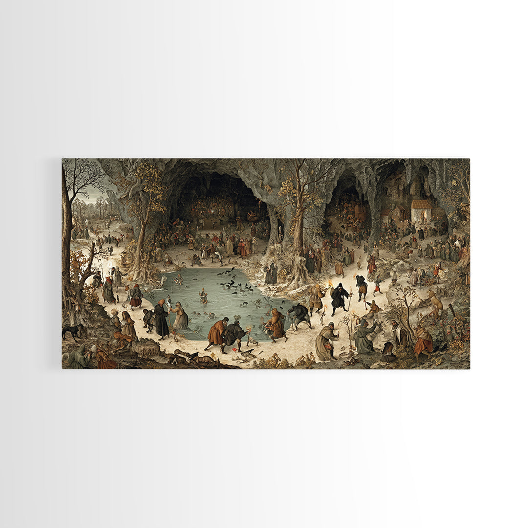 The Cave Oracle, Northern Renaissance Horror, Wide Panoramic Art, Gothic Horror Wall Art, Framed Canvas Print, Halloween Wall Art