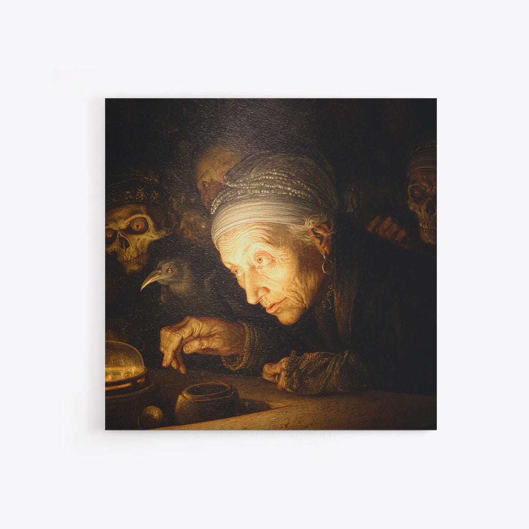 The Cave Oracle, Danse Macabre Art, Square Wall Art, Macabre Wall Art, Framed Canvas Print, Halloween Wall Art