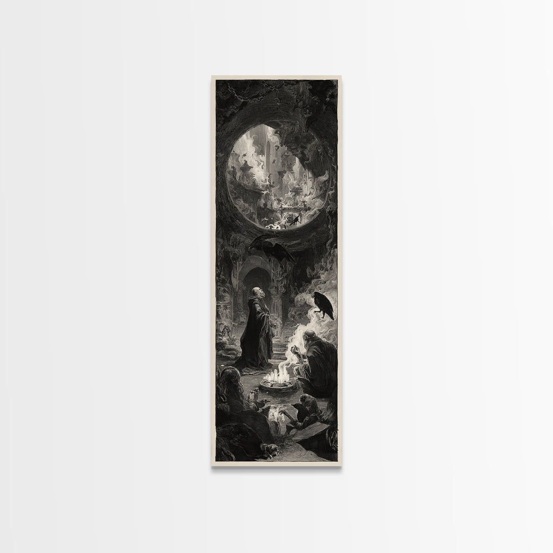 The Cave Oracle, Architectural Etching Art, Tall Narrow Wall Art, Dark Halloween Decor, Framed Canvas Print, Dark Fantasy Art
