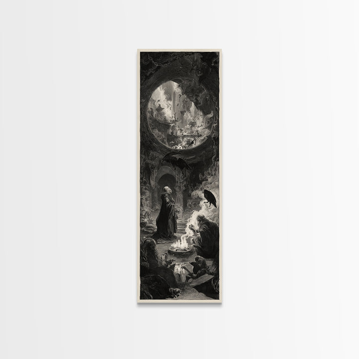 The Cave Oracle, Architectural Etching Art, Tall Narrow Wall Art, Dark Halloween Decor, Framed Canvas Print, Dark Fantasy Art