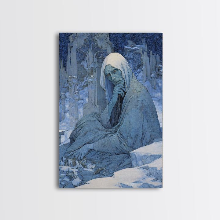 The Cave Oracle, Symbolist Death Art, Vertical Wall Art, Dark Fantasy Wall Art, Framed Canvas Print, Halloween Wall Art