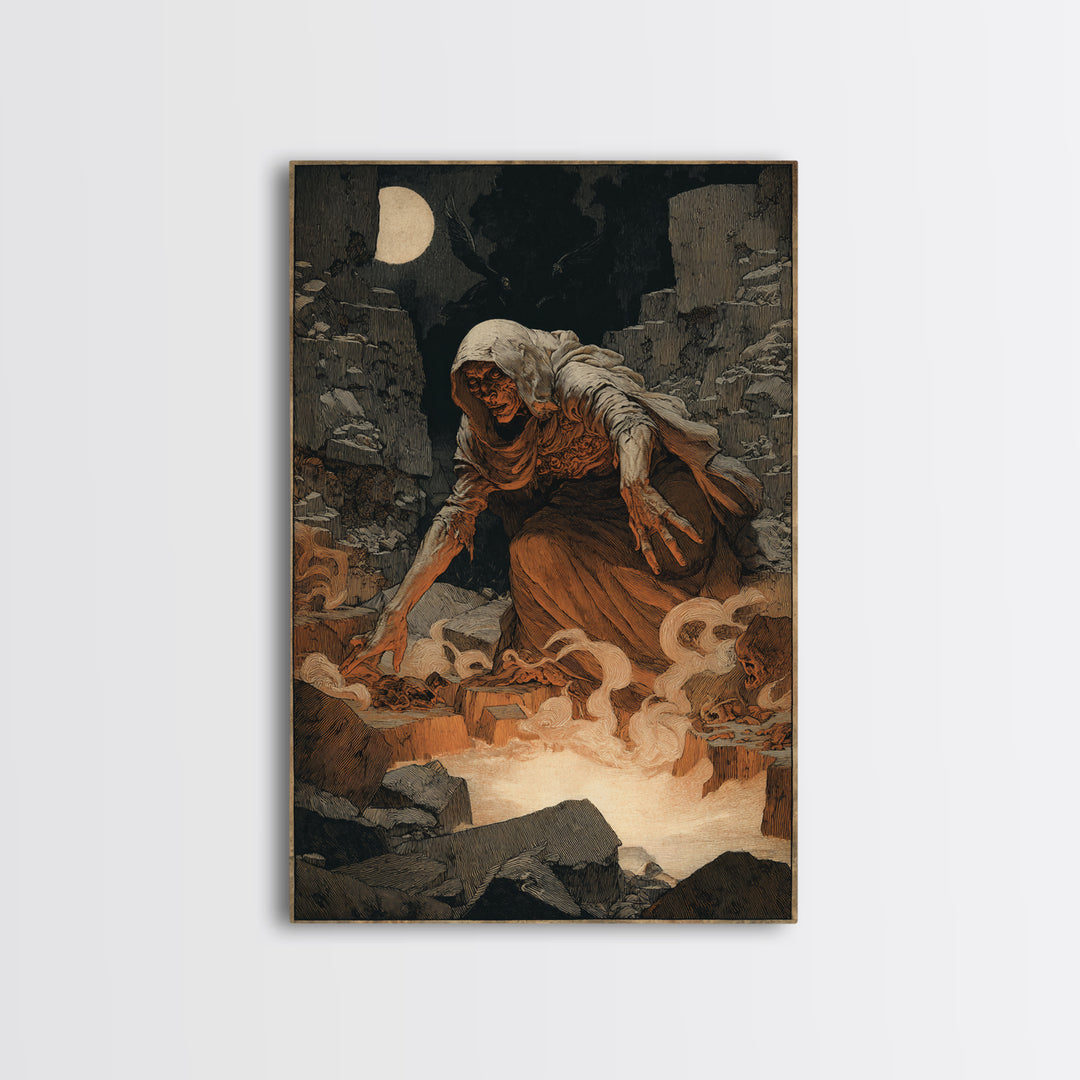 The Cave Oracle, Symbolist Etching Art, Vertical Wall Art, Dark Halloween Decor, Framed Canvas Print, Halloween Wall Art