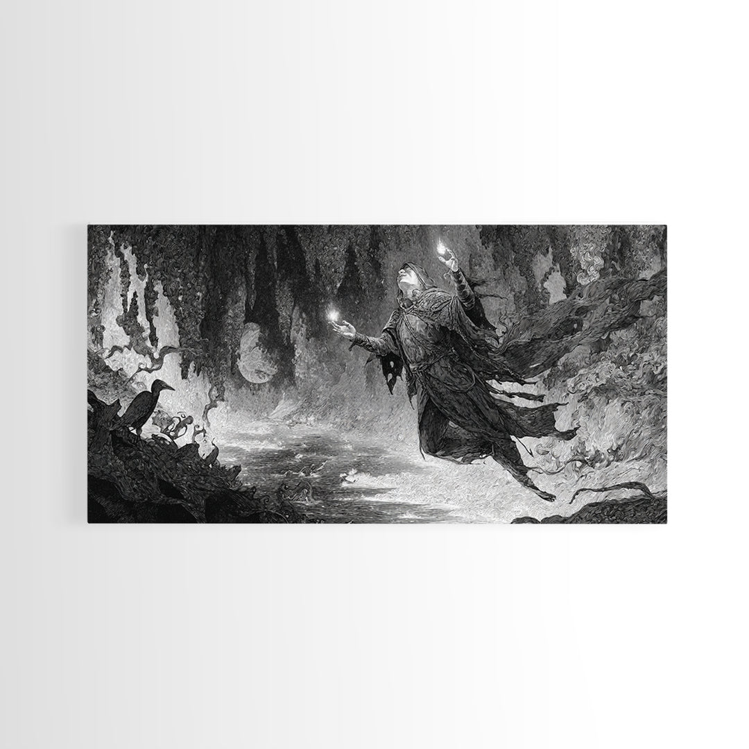 The Cave Oracle, Expressionist Nightmare Art, Wide Panoramic Art, Macabre Wall Art, Framed Canvas Print, Halloween Wall Art, Horror Wall Art