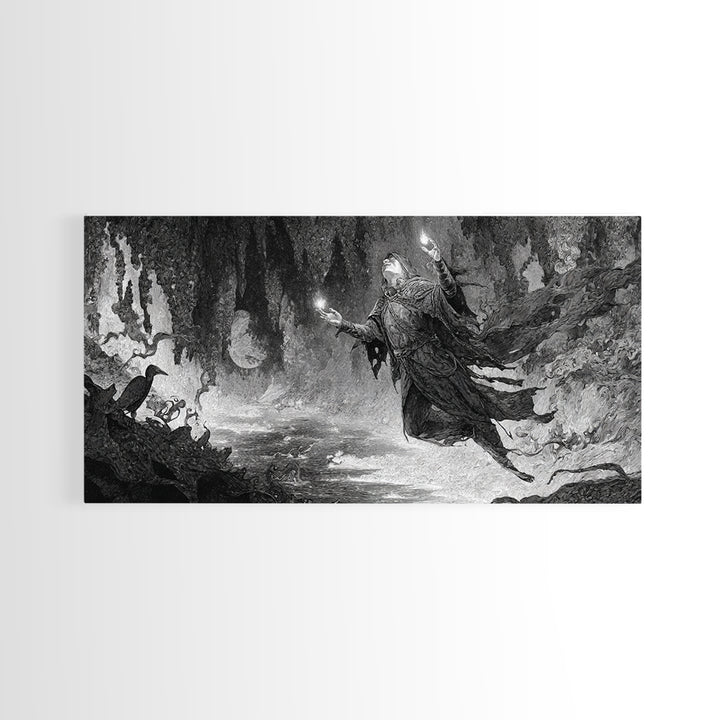 The Cave Oracle, Expressionist Nightmare Art, Wide Panoramic Art, Macabre Wall Art, Framed Canvas Print, Halloween Wall Art, Horror Wall Art