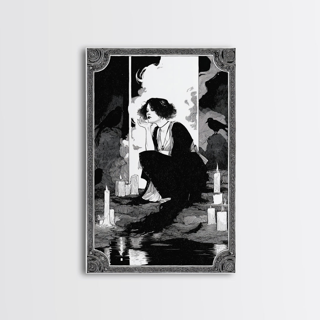 The Cave Oracle, Decadent Line Art, Vertical Wall Art, Gothic Horror Wall Art, Canvas Print, Halloween Wall Art