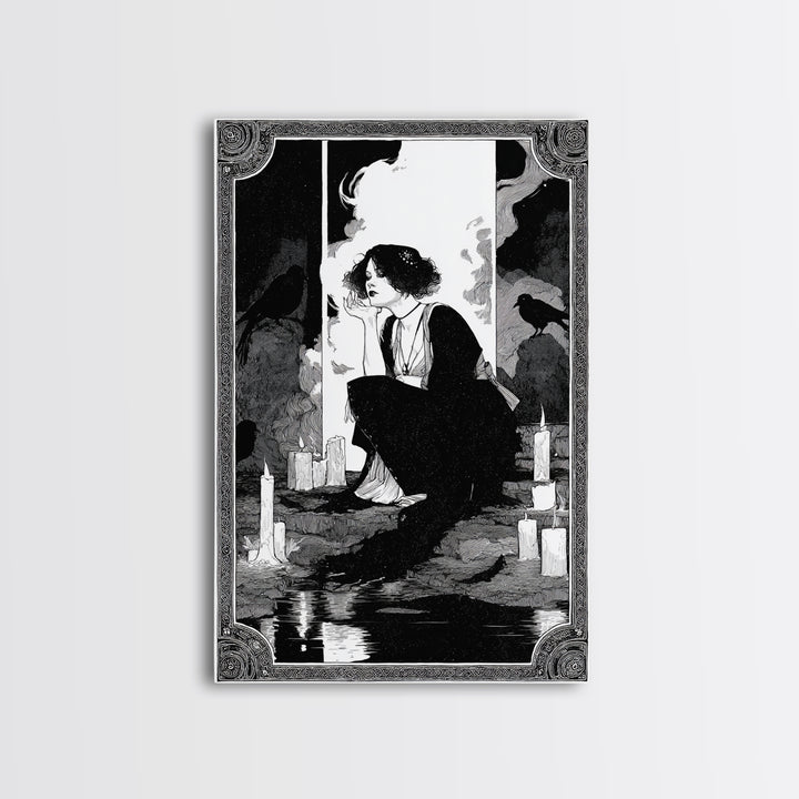 The Cave Oracle, Decadent Line Art, Vertical Wall Art, Gothic Horror Wall Art, Canvas Print, Halloween Wall Art