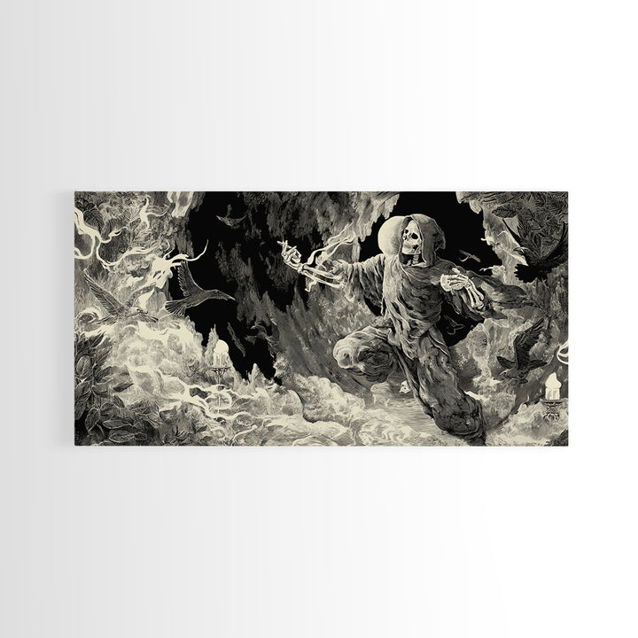The Cave Oracle, Macabre Folk Print Art, Wide Panoramic Art, Dark Fantasy Wall Art, Framed Canvas Print, Halloween Wall Art