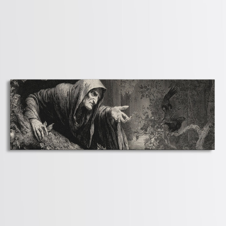The Orchard Hag, Gothic Engraving Art, Extra Wide Wall Art, Gothic Horror Wall Art, Framed Canvas Print, Halloween Wall Art