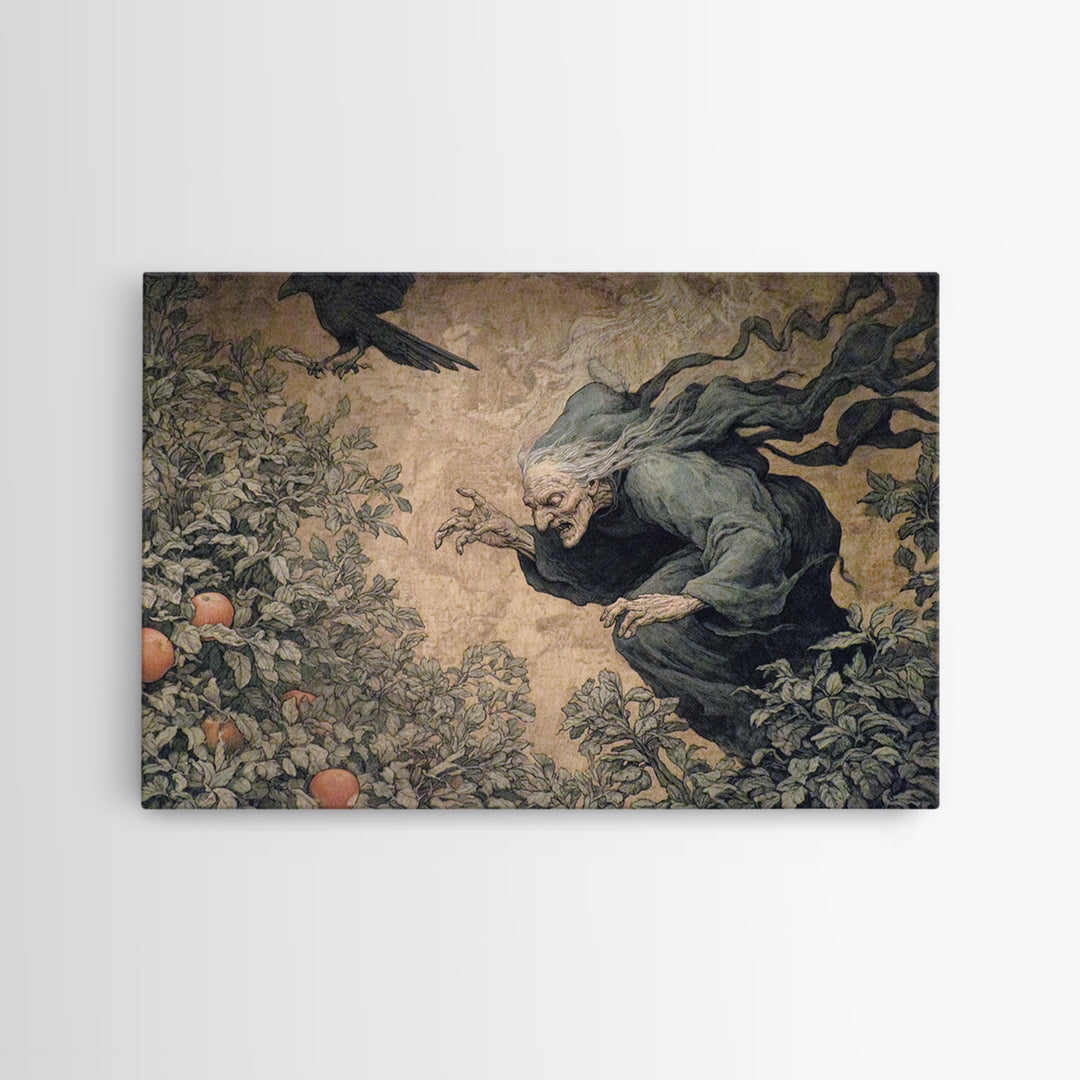 The Orchard Hag, Medieval Grotesque Art, Landscape Wall Art, Dark Halloween Decor, Framed Canvas Print, Halloween Wall Art