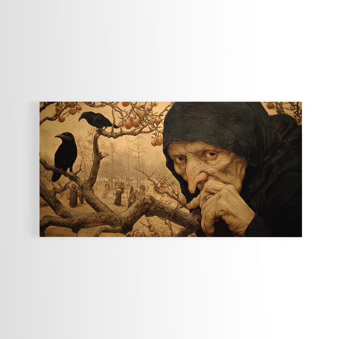 The Orchard Hag, Northern Renaissance Horror, Wide Panoramic Art, Macabre Wall Art, Canvas Print, Halloween Wall Art