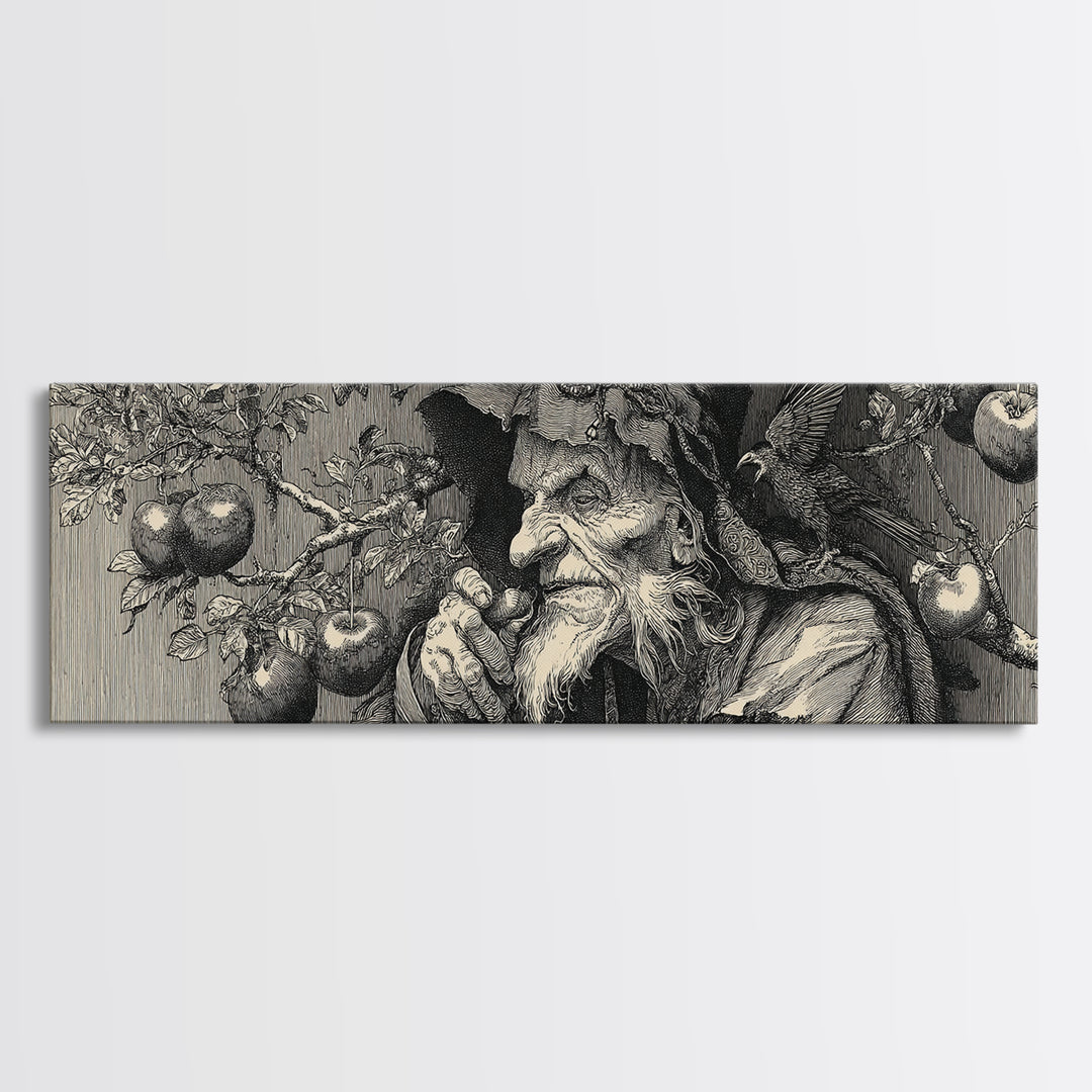 The Orchard Hag, Renaissance Engraving Art, Extra Wide Wall Art, Macabre Wall Art, Canvas Print, Halloween Wall Art, Dark Fantasy Art